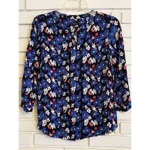 Talbots Top Womens Size  XS Blue Red White Floral 3/4 Sleeve‎ V Neck Pullover